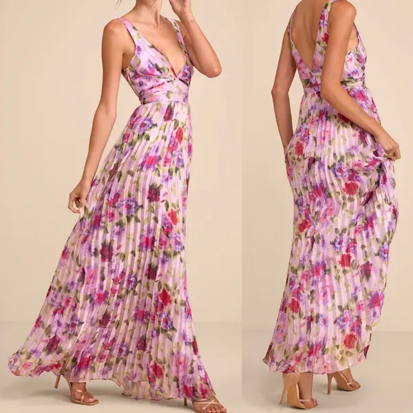 NWT Lulus Size Small Morgana Pink Multi Floral Satin Pleated Maxi Dress - Image 2