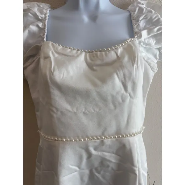 Lulus Adorable Poise Dress Women L White‎ Pearl Trim Puff Sleeve Mini BJD419 - Image 4