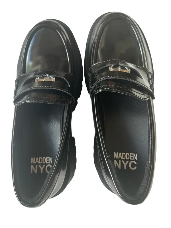 Madden NYC Platform Lug Sole Penny Loafers in shiny black patent finish. - Image 7