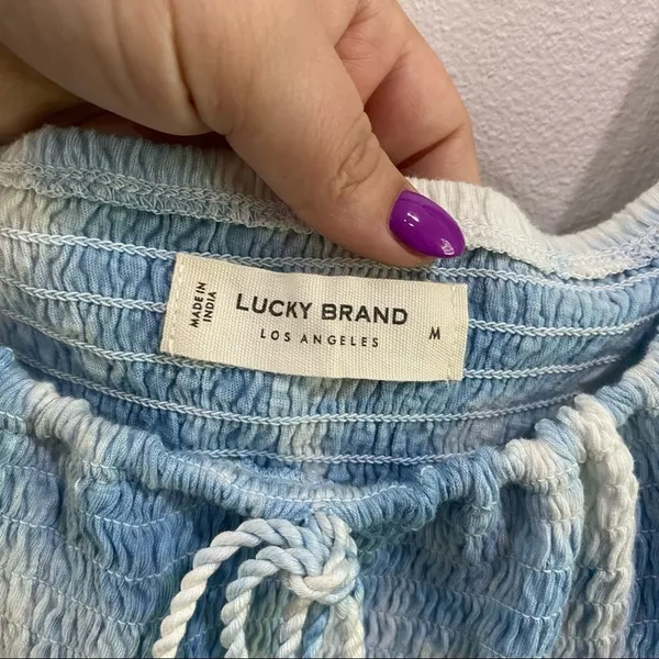 Lucky Brand Short Sleeve Boho‎ Blue & Off White Smocked Top Size M - Image 9