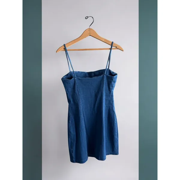 Susana Monaco Blue Denim Mini Dress Square Neck Spaghetti Strap Bodycon Slit - M - Image 2