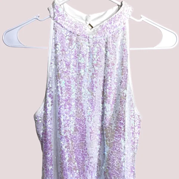 NWOT Iridescent Sequin Halter Dress – Size Small White - Image 4