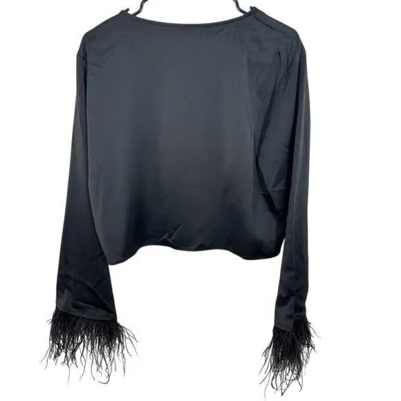 WAYF Black Satin Feather Trim Long Sleeve Crop Top Women's Size‎ S NWT Shopbop - Image 12