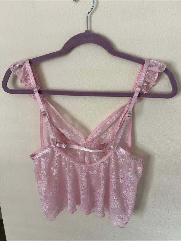 Dolls Kill Avidlove pink, sheer, floral lace, coquette, ruffle baby doll crop tank S - Image 4
