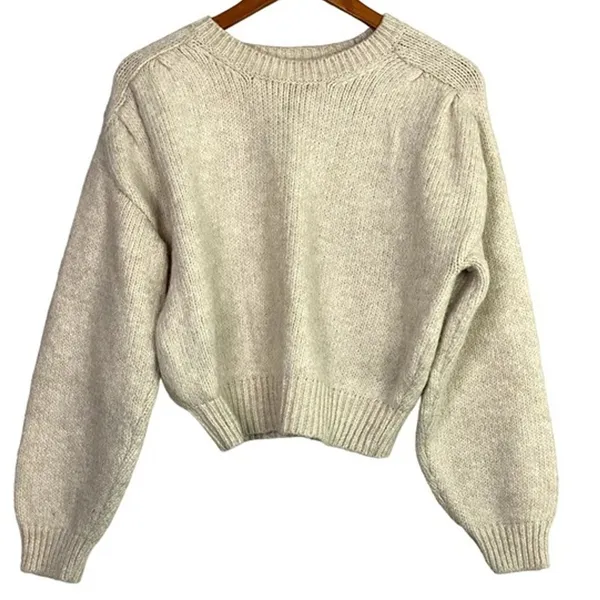 ZARA Cropped Ribbed Hems Long Sleeve Crew Neck Chunky Knit Sweater Small Cream - Image 2