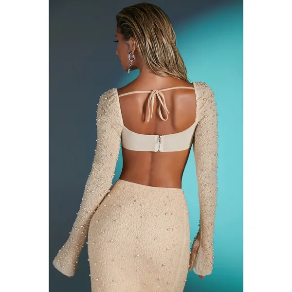 Oh Polly LA DÉSIRADE Cream Pearl Beaded Embellished Crop Top & Midi Skirt Set 2 - Image 4