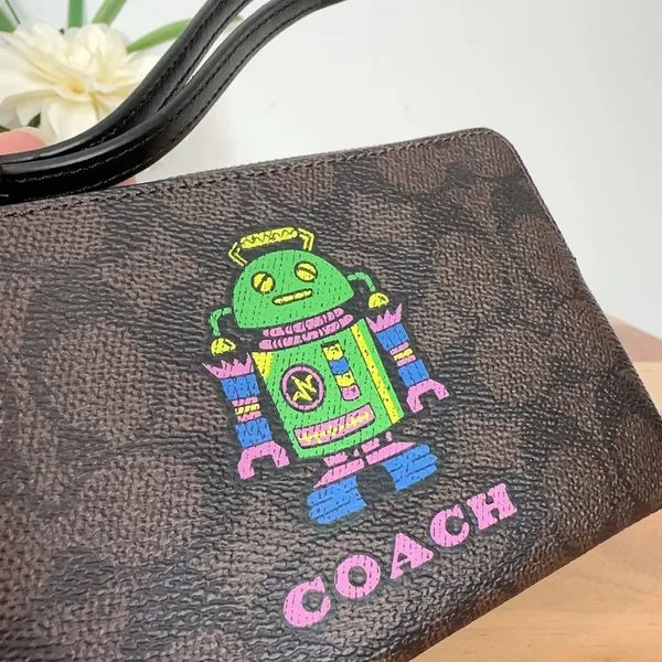 NWT Coach Cosmic Coach Corner Zip Wristlet In Signature Canvas With Robot‎ Print - Image 2