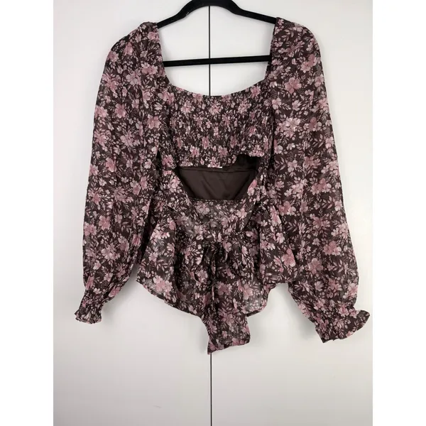 Francescas Brown Pink Floral Tie Back Balloon Sleeve Top Size‎ Small NWT $46 - Image 2