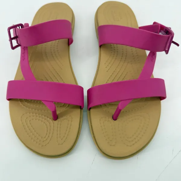 Crocs Tulum Toe Post Sandal Flip Flop Fuchsia Pink Tan Women 8 Buckle Straps - Image 2