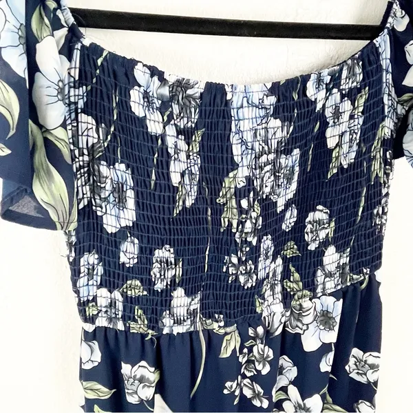 ALTAR’D STATE Blue Floral Smocked Bodice On/Off Shoulders Side Split Dress Small - Image 10