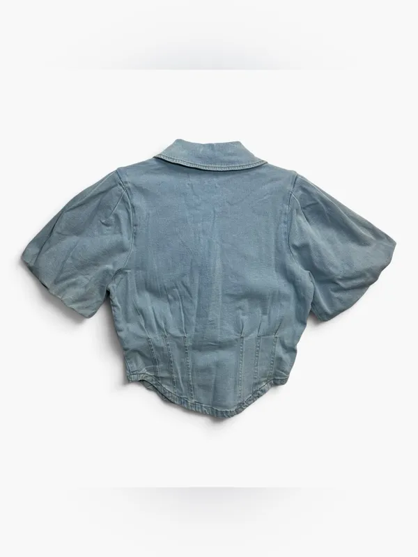 Bagatelle Collection Denim Puff Sleeve Corset Button Front Top S NWT - Image 4