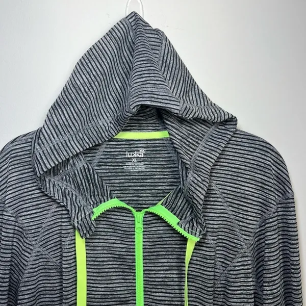 Lukka Hooded Athletic Full Zip Jacket Gray Black Stripes Pockets Thumb Holes XL - Image 3