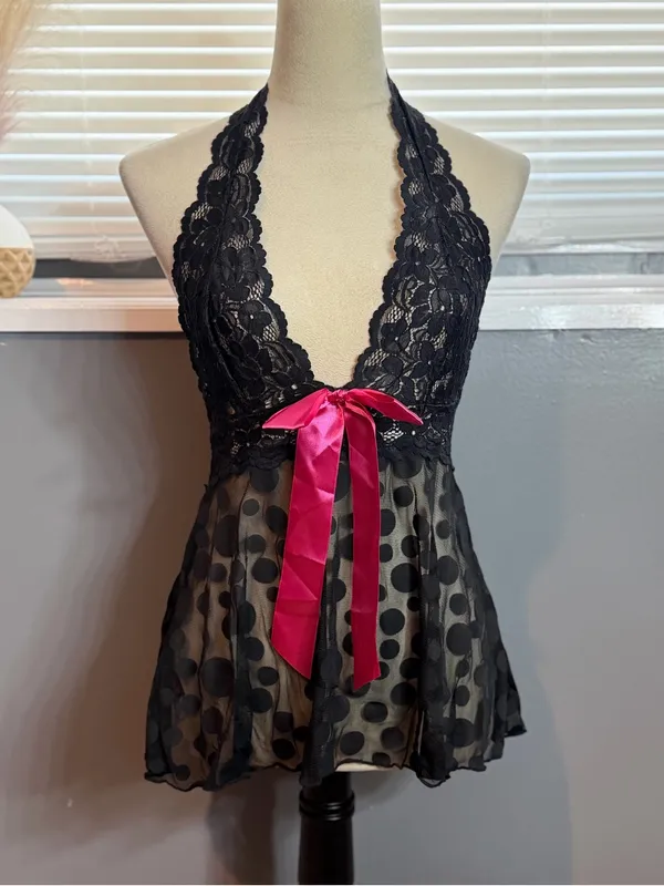 H.O.T. Y2K Black Lace Sheer Polka Dot Babydoll Halter Lingerie Top One Size - Image 3