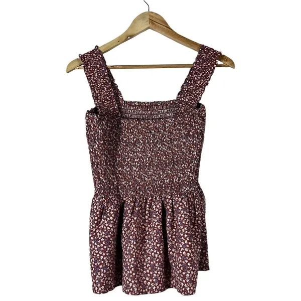 Pleione Smocked Ditsy Floral Peplum Tank Top Burgundy Boho Ruffle Strap Size M - Image 4