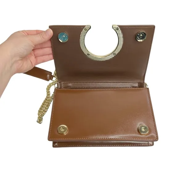 Faux Leather Brown Structured Gold Tone Horseshoe Chain Purse Bag - Image 13