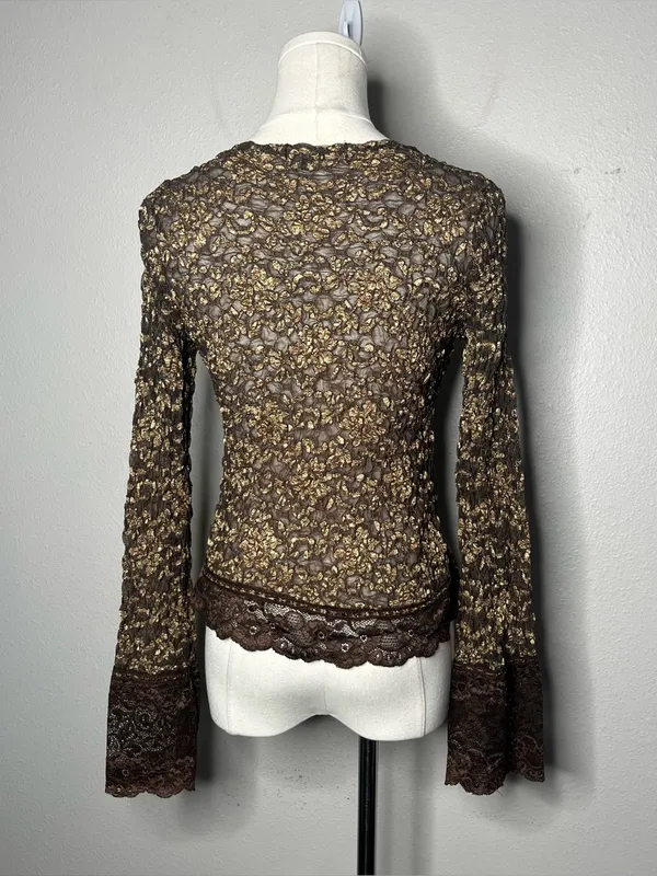 Y2K Vintage Ann Ferriday Chocolate Brown Floral Lace Tie Front Cardigan Top - Image 2
