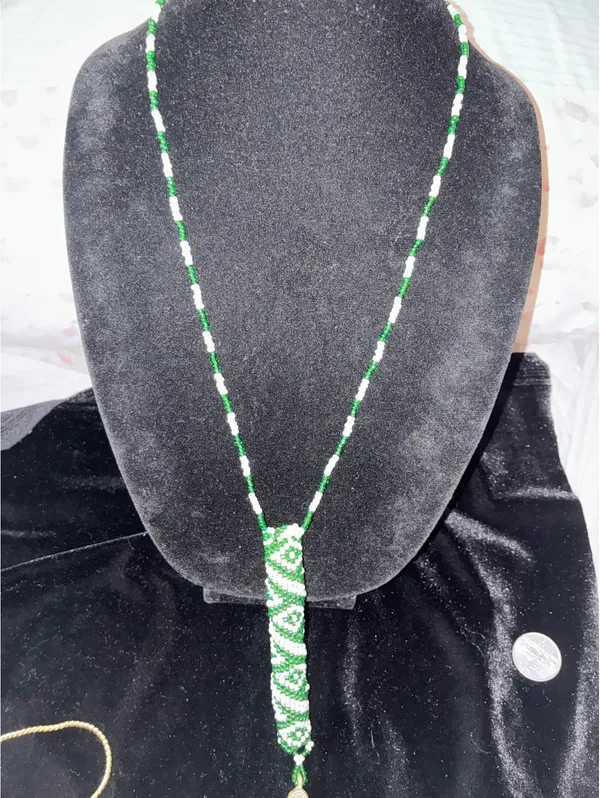 Vintage Handwoven Peyote Stitch Seed Bead Necklace Boho Geometric w/ Bell - Image 3
