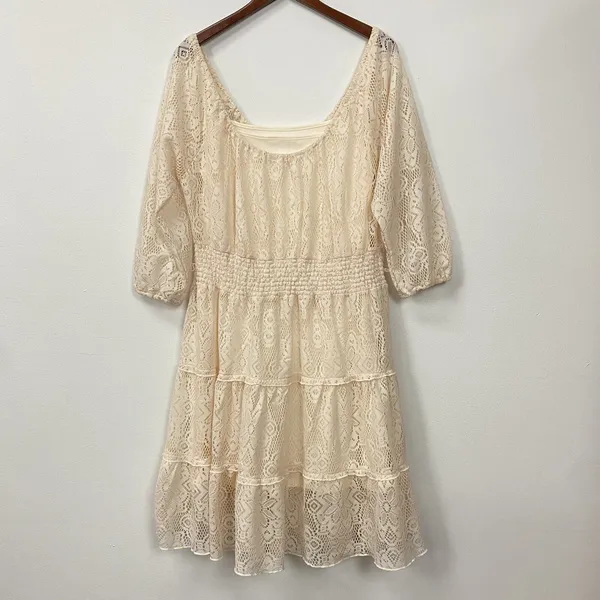 Allison Britney Beige Cream Lace Tiered Lined‎ Midi Dress Sz L Boho Off Shoulder - Image 2