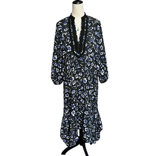 Tory‎ Burch Puff Sleeve Handkerchief Floral Tunic Asymmetric Midi Dress Small - Image 2