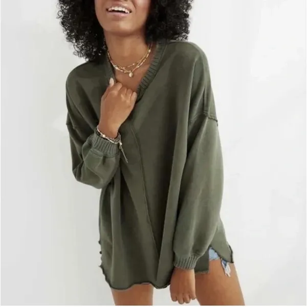 Aerie Down to Earth Crewneck Sweatshirt Olive Green Oversized Boho Lounge Small - Image 2