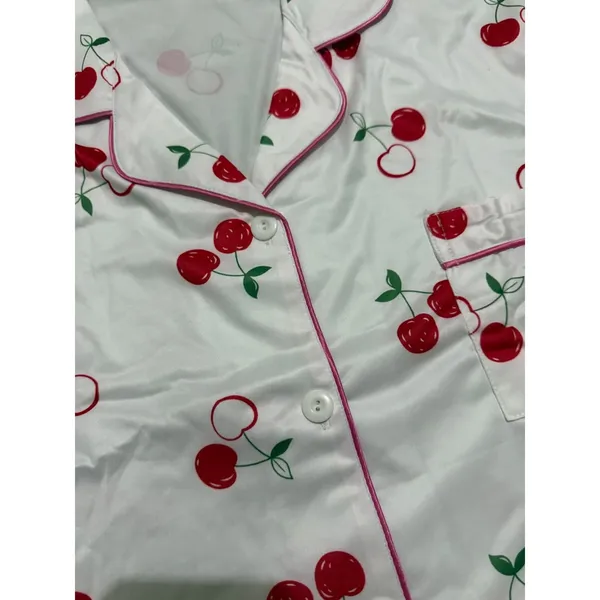 NIB- White Cherry Print Satin Pajama Set Short Sleeve Button Down Shorts XXL - Image 5