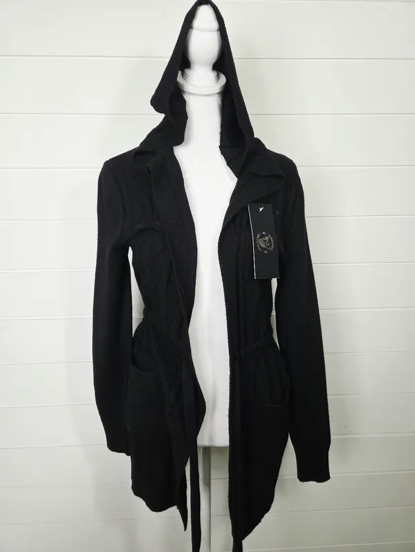 S. Christina Cashmere Black Hooded Open Front Cardigan Sweater S/M - Image 4