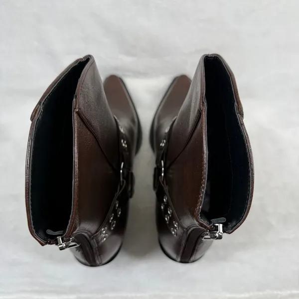 Lulus Dark‎ Brown Faux Leather Harness Western Ankle Boots Pointed Toe Zip 8 - Image 7