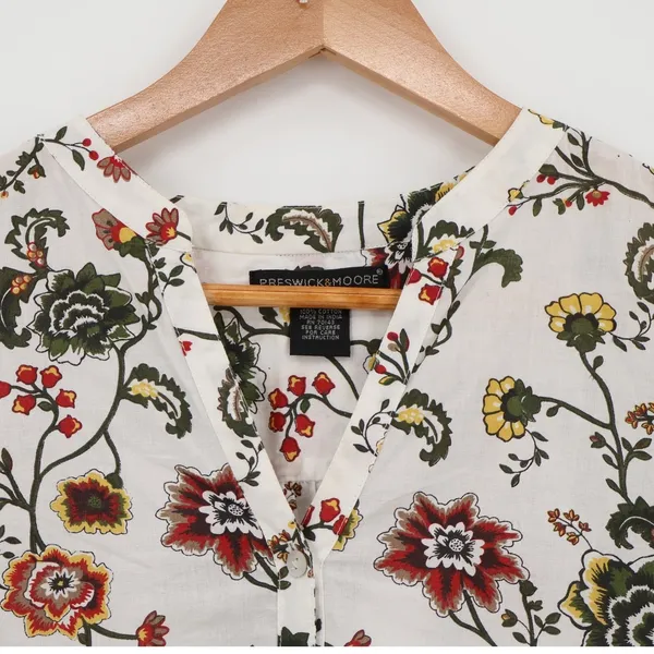 Preswick & Moore Floral Button Up‎ Blouse Womens Size M White Cotton 3/4 Sleeve - Image 3