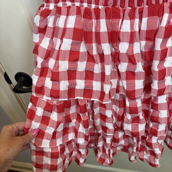 English Factory |Tuckernuck Gingham Puff Sleeve Tiered‎ Dress Medium Tomato Girl - Image 6