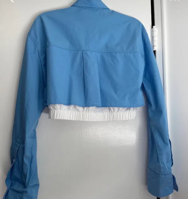 Cropped Blue Zara Shirt with Waistband - Image 3