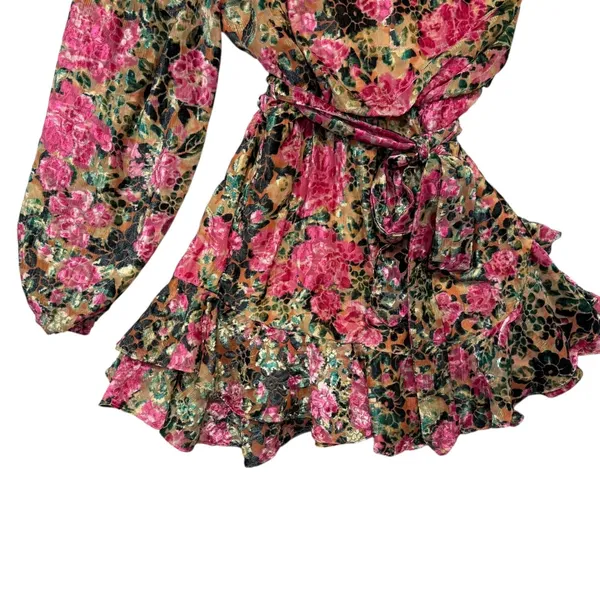 HEMANT‎ & NANDITA One Shoulder Floral Metallic Ruffle Mini Dress XL FLAWED - Image 6