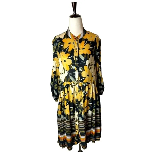 Anthropologie Blank‎ London Yellow Floral Button Front Hadley Tunic Dress XS - Image 3