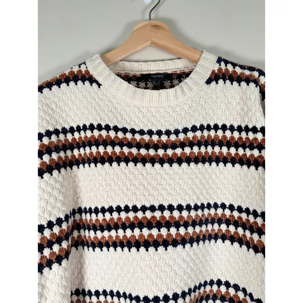 Forever 21 Womens Chenille Popcorn‎ Knit Striped Sweater Cream Brown Navy Small - Image 4