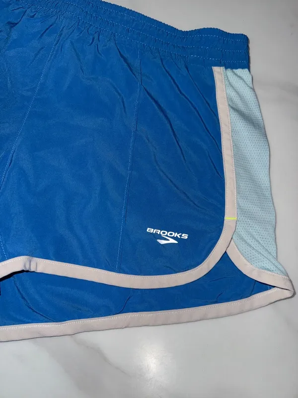 Brooks Women's Blue Running Shorts with Mint Panels and Cream Trim - Image 3
