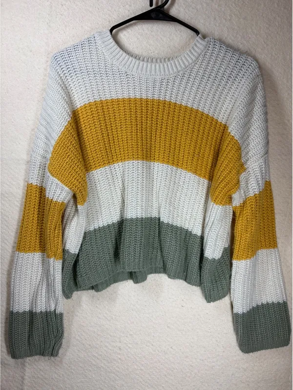 Sweater M White Mustard Sage Colorblock Chunky Knit Crew Neck Cropped - Image 5