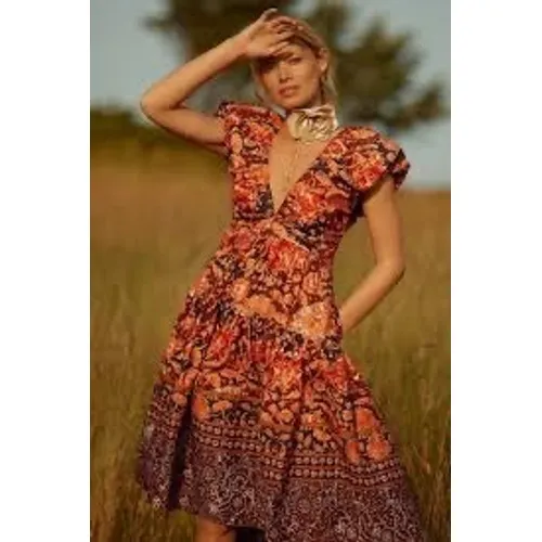 Anthropologie Printed Tie V-Neck Babydoll Dress Womens‎ Size 2 Rust Floral - Image 3