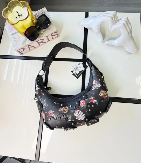 🔥 NWT Ed Hardy Y2K Tattoo Print Studded Hobo Bag Black 🖤 - Image 17