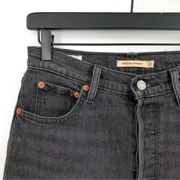 LEVI'S Premium Ribcage Straight Ankle Jean Wash Black Grey Denim 26 - Image 3