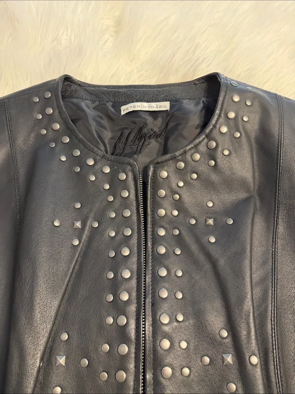 Peter Nygard Black Studded Leather-Front Jacket with zipper length 25” bust 36” - Image 7