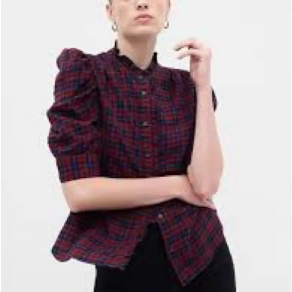 NEW Gap Women's XSMALL Red Plaid Puff Sleeve High Neck Blouse - Image 10