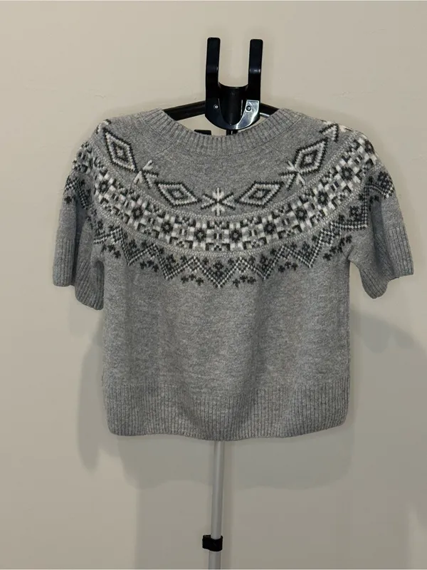 CeCe Fair Isle Short Sleeve Sweater XL Gray Black White - Image 5