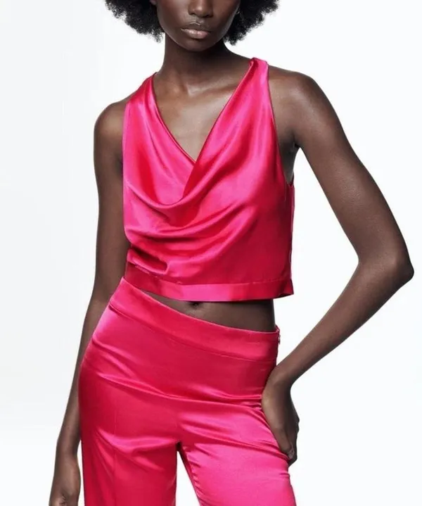 Zara NWT fuchsia pink satin cowl neck top - Image 4