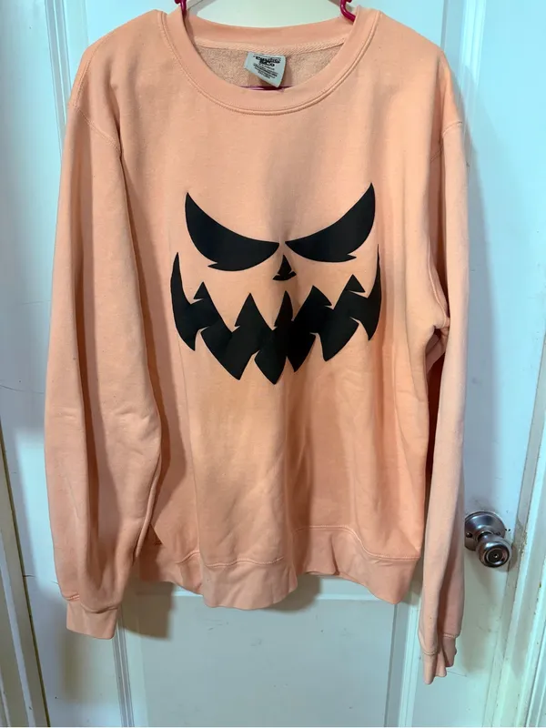 Women's Peach Orange Pumpkin Face Crewneck Sweatshirt - Image 3