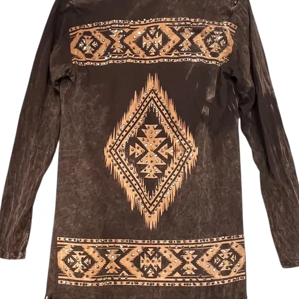 Vocal Women's Brown Aztec‎ Tribal Print Fringe Open Front Cowgirl Cardigan Small - Image 4
