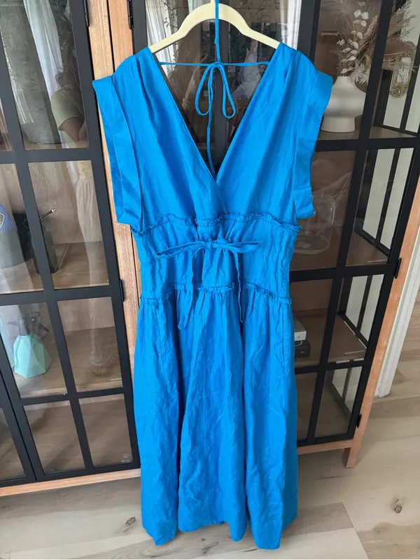 NWT Banana Republic linen maxi dress cinch-waist cobalt royal cap short sleeve - Image 2