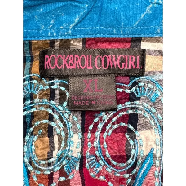 Rock‎ & Roll Cowgirl Embroidered Plaid Pearl Snap Western Shirt XL Rhinestone - Image 7