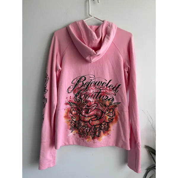 Bejeweled by Susan Fixel Pink Tattoo Graphic Rhinestone Zip Up Hoodie Womens y2k - Image 2