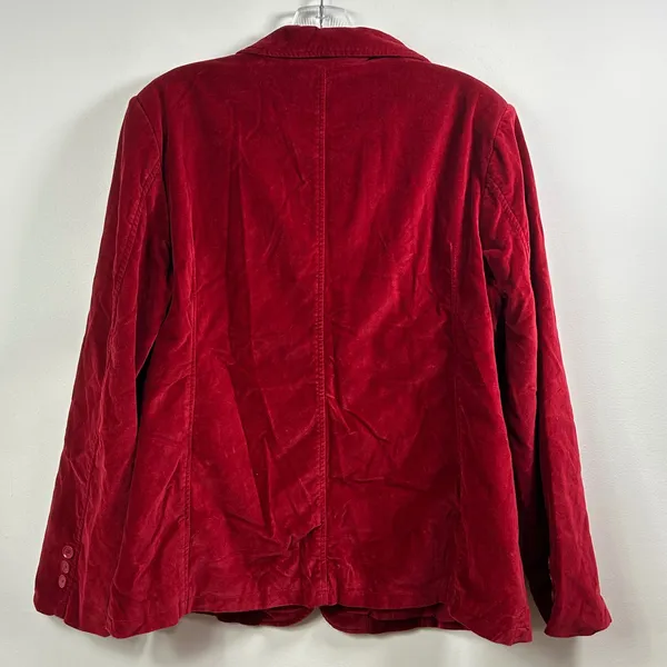 Denim & Co Womens Red Cotton Velvet Blazer Jacket Size L 3-Button Lined Pockets - Image 2