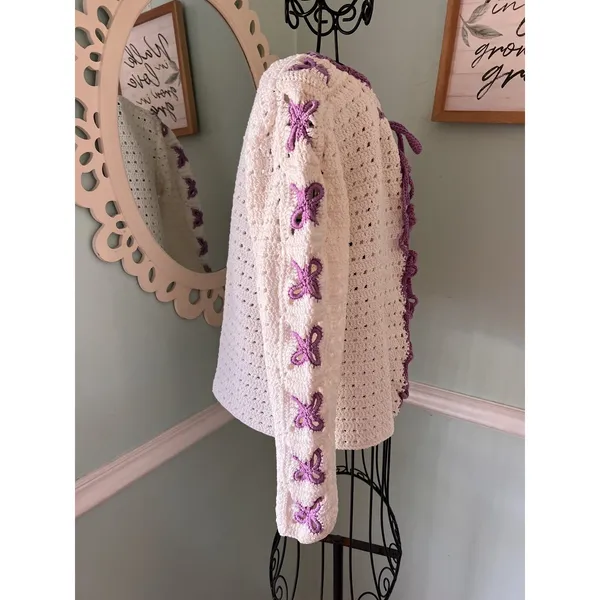 Handmade Crochet Cardigan Womens Medium Cream Purple‎ Bows Tie Front Long Slv - Image 3