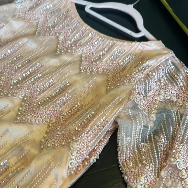 Peach Pink Beaded Sequin‎ High Low Formal Dress Long Sleeve Pearl Detail Gown - Image 12